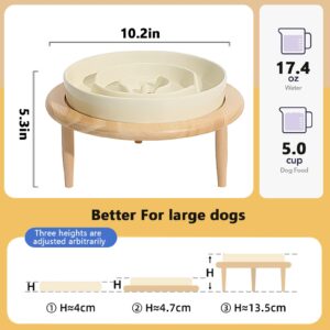 VEEKI Ceramic Slow Feeder Dog Bowls, Elevated Dog Food Bowls with Wood Stand, Dog Dishes to Slow Down Eating for Chokcing Bloating(Beige, 10.2in)