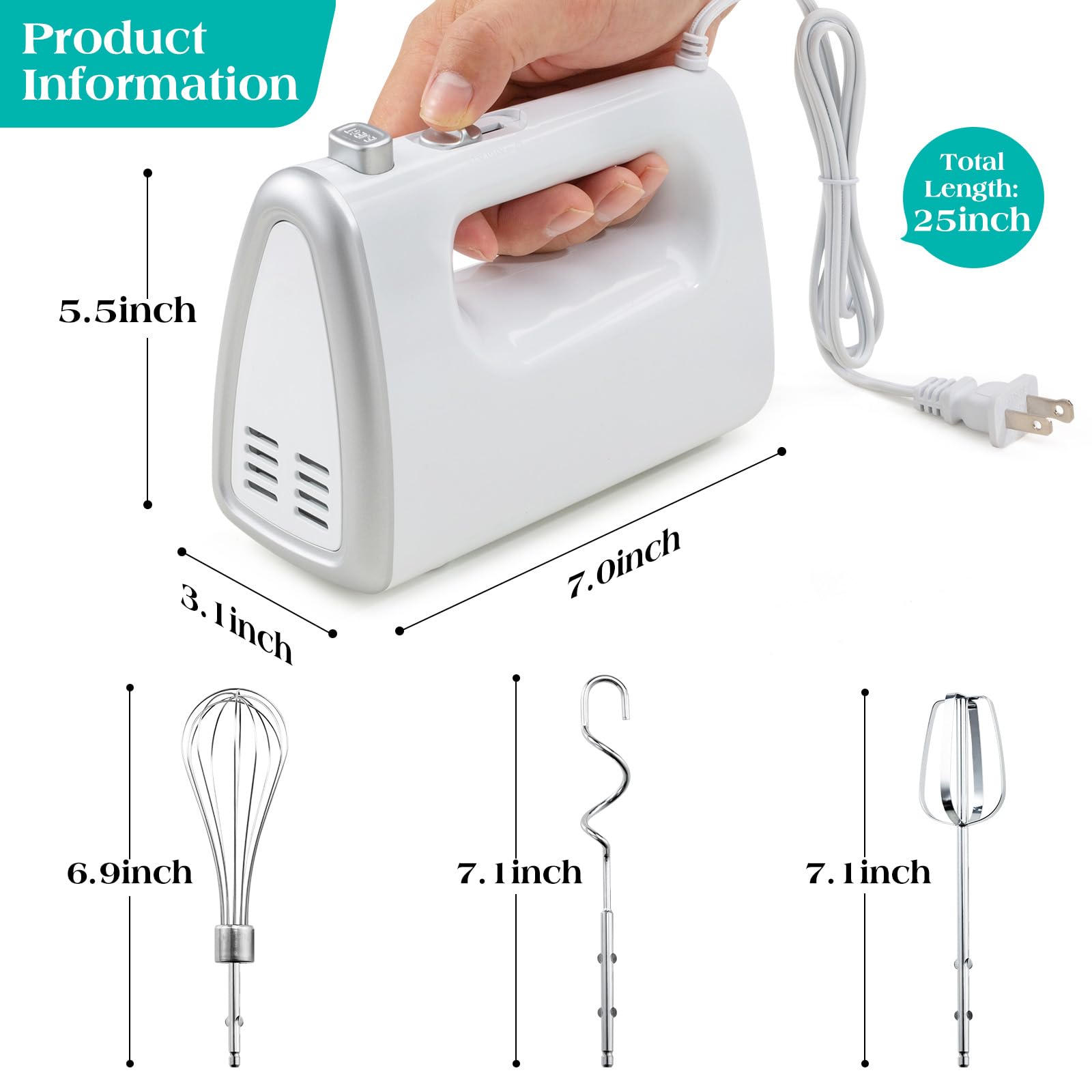 Hand Mixer Electric, 5-Speed Hand Mixer Electric Portable, with Snap-on Storage Case, 5 Stainless Steel Attachments,Dough Hooks Whisk Storage Case,Blender for Baking & Cooking,White