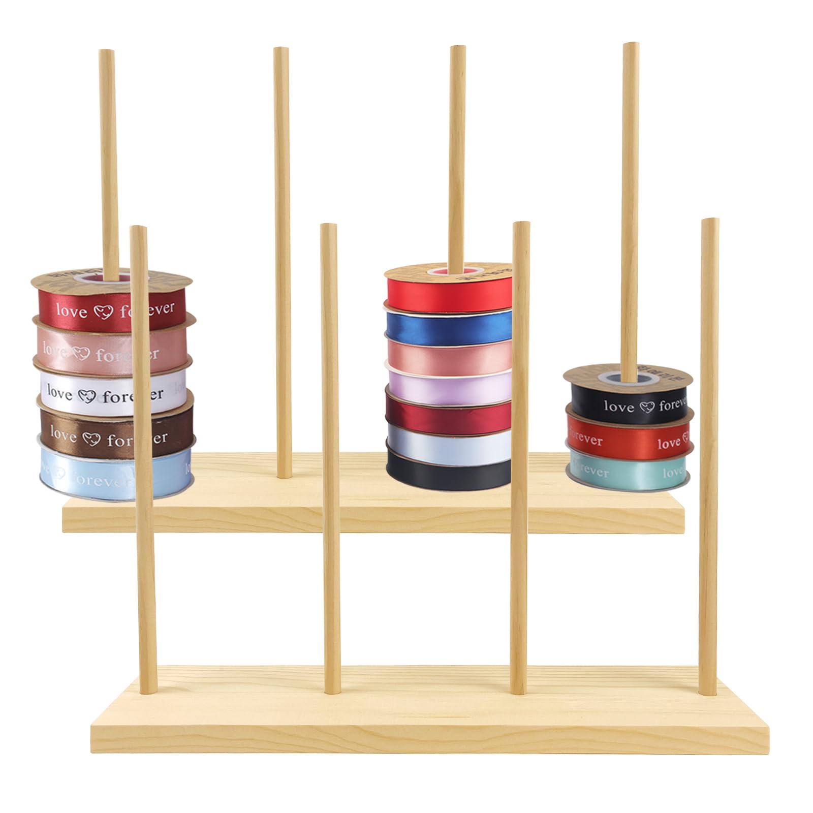 AIHSUMC Wooden Ribbon Rack Storage, 2 Pcs Ribbon Organizer Spool Holders, Washi Tape Organizer Wire Spool Stand Holder for Sewing Craft Mesh Thread Tape Wreath Crochet Roll Florist Arts Wrapping Gift