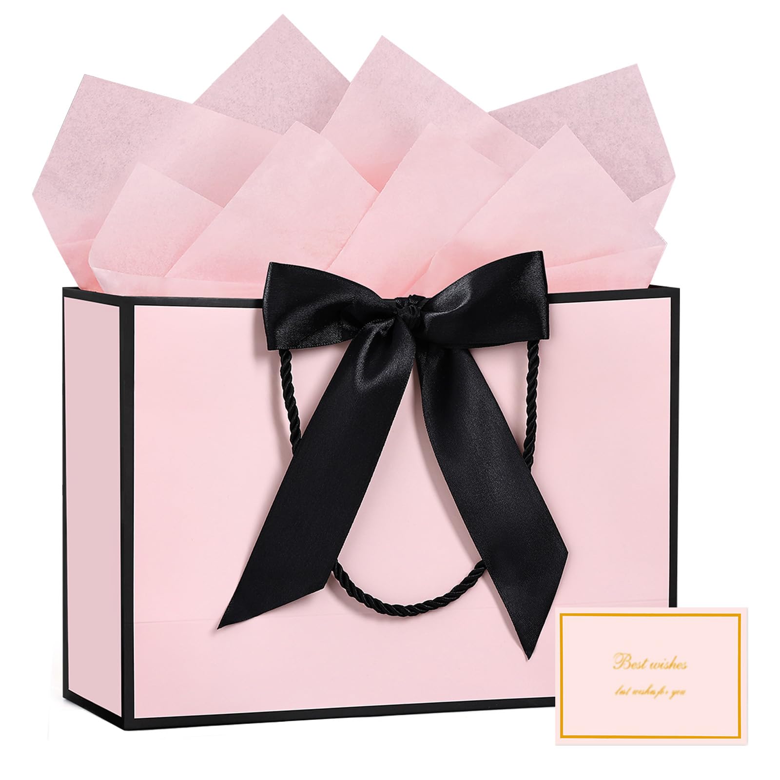 JMANNI Gift Bags, Large Gift Bags, 1Pcs Paper Gift Bag with 2 Tissue Paper and 1 Greeting Cards, Present Bags with Handles for Women Girls Bridesmaid Birthday Valentines Wedding Party (Black-Pink)