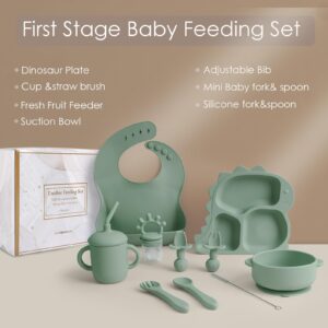 FOMOMDI Silicone Baby Weaning Set, 10PCS Baby Feeding Set - Toddler Utensils, Baby Led Weaning Supplies with Dinosaur Plate, Bib, Cup, Suction Bowl, Forks, Spoons, Fruit Feeder, Clean Brush