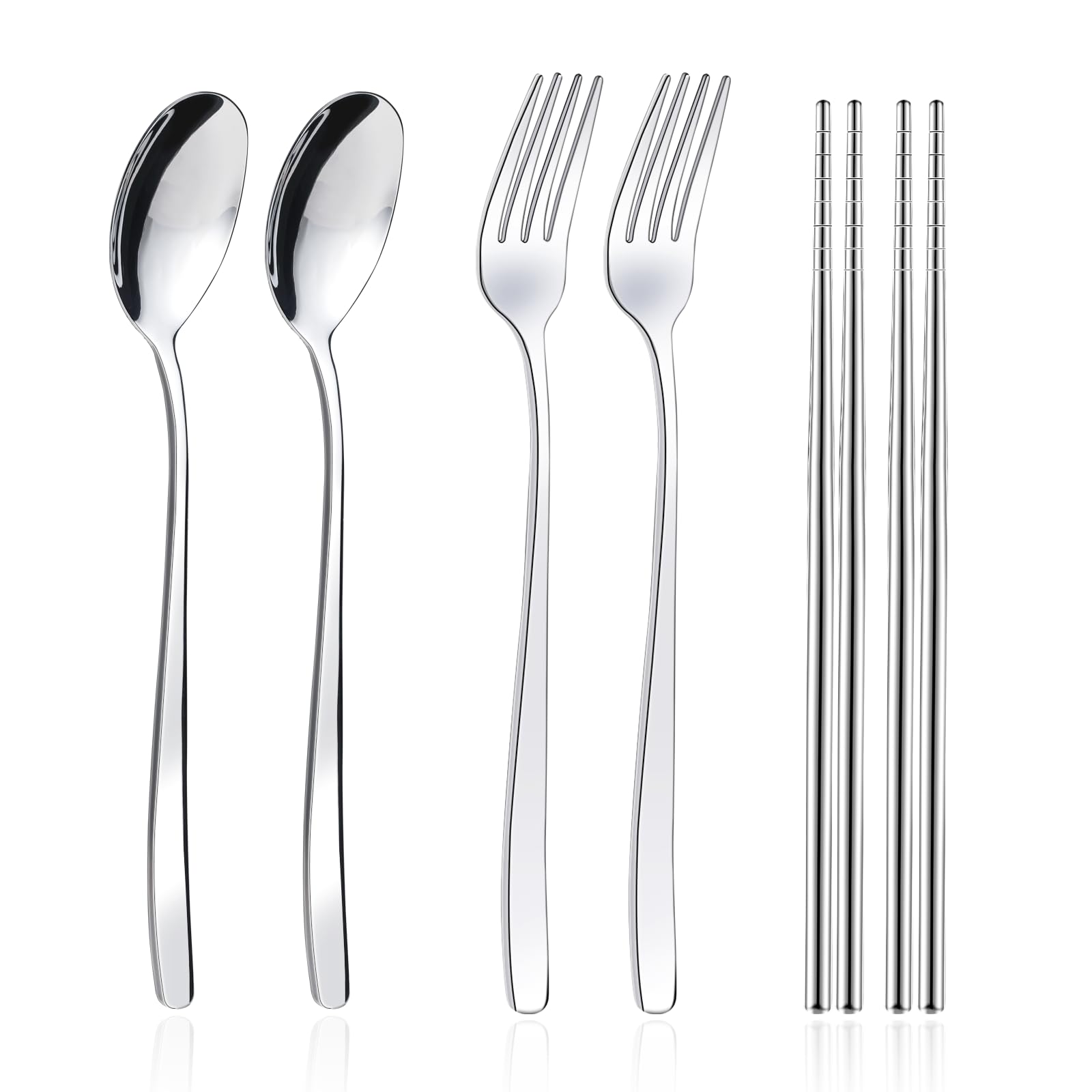 2 Pack Reusable Flatware Sets Fork, Spoon, Chopsticks, 6Pcs Travel Utensils Portable Camp Reusable Flatware Silver Reusable Flatware