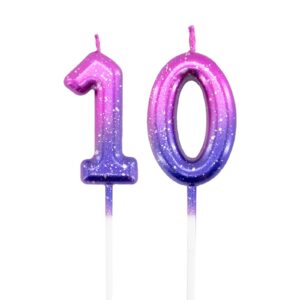 purple birthday number candles 10, glitter happy birthday candles for cake topper decoration for party wedding anniversary celebration supplies girls boys