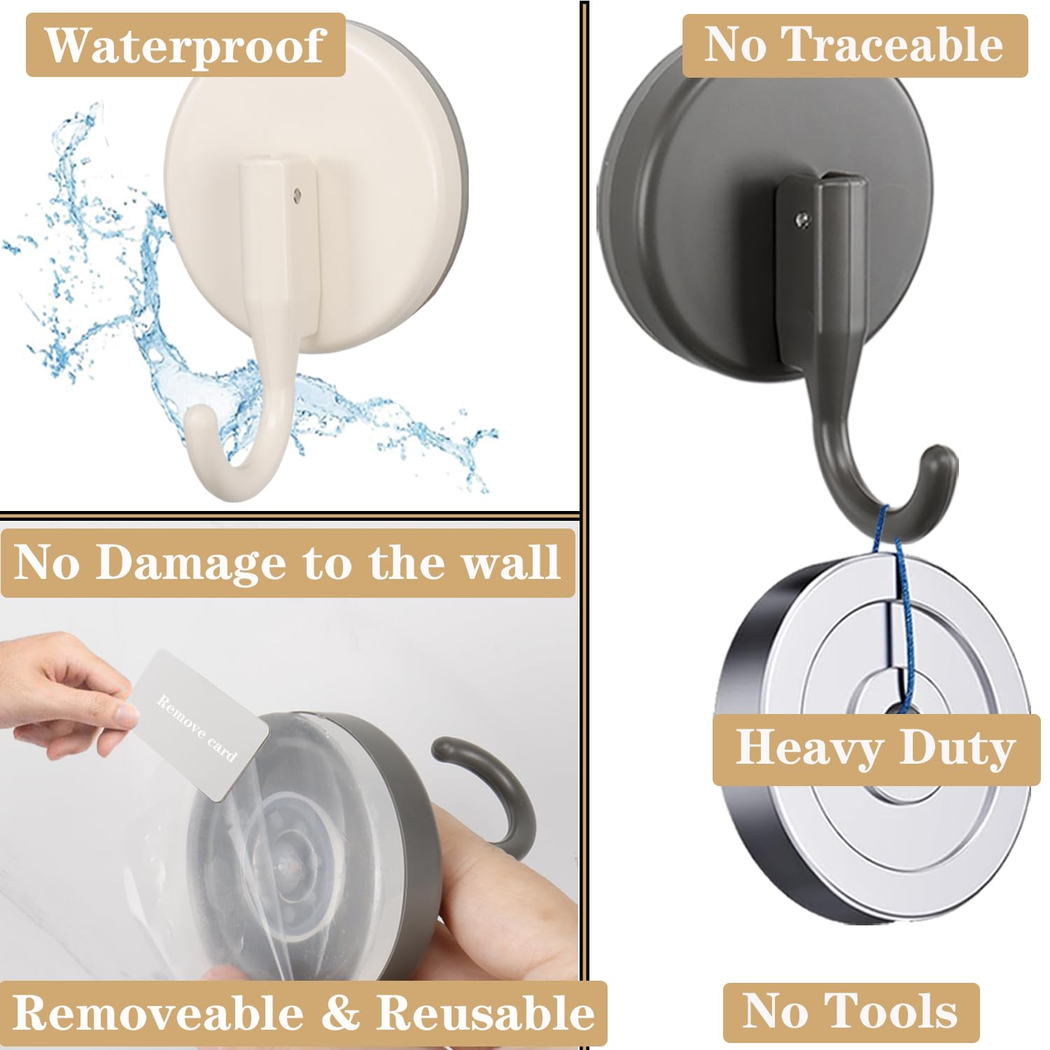 Vanloory Suction Cup Hook for Shower, Heavy Duty Shower Hook Removable Suction Cup Hanger for Wall/Window/Glass/Mirror/Tile, Hang up to 18LB Waterproof Robe and Towel Hook for Bathroom (Grey, 3 Pack)