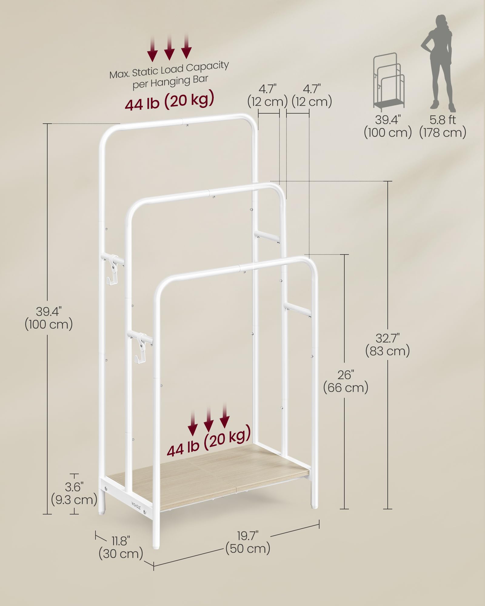 VASAGLE Freestanding Towel Rack, 3-Tier Blanket Holder with Storage Shelf, 19.7 x 11.8 x 39.4 Inches, Blanket Rack, 2 Hooks, for Blankets, Bath Towels, Cloud White and Natural Beige ULLS009W01