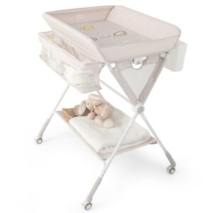 baby joy portable baby changing table, foldable diaper changing station with wheels, adjustable height, large storage rack, trash can, mobile nursery organizer for newborn infant (beige)