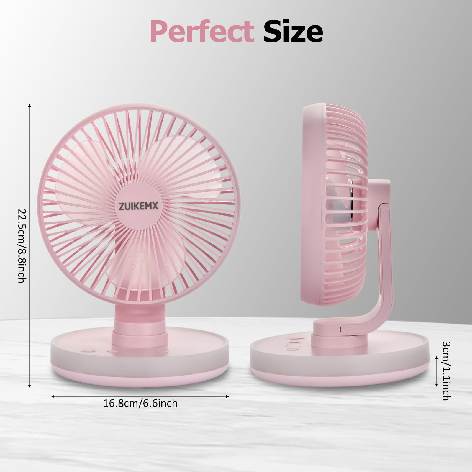 Portable Desk Fan with Circular LED Lights, 4 Speeds, 90° Rotation Adjustable Oscillating Fan, 4000mAh Rechargeable Fan, Battery Powered Quiet Personal Fan for Home Office, Detachable Cleaning (Pink)