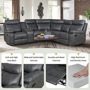 ERYE L-Shape Manual Reclining Motion Sectional Sofa Couch,5 Seaters Corner PU Leather Upholstered Recliner Sofa&Couch W/Storage Console,2 Stainless Steel Cup Holders, for Living Room Sets