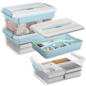 skybooly 3 pack stack and carry box clear plastic storage container stackable home utility box with removable tray multipurpose bins with handle lid for stationery sewing art craft supplies (blue)