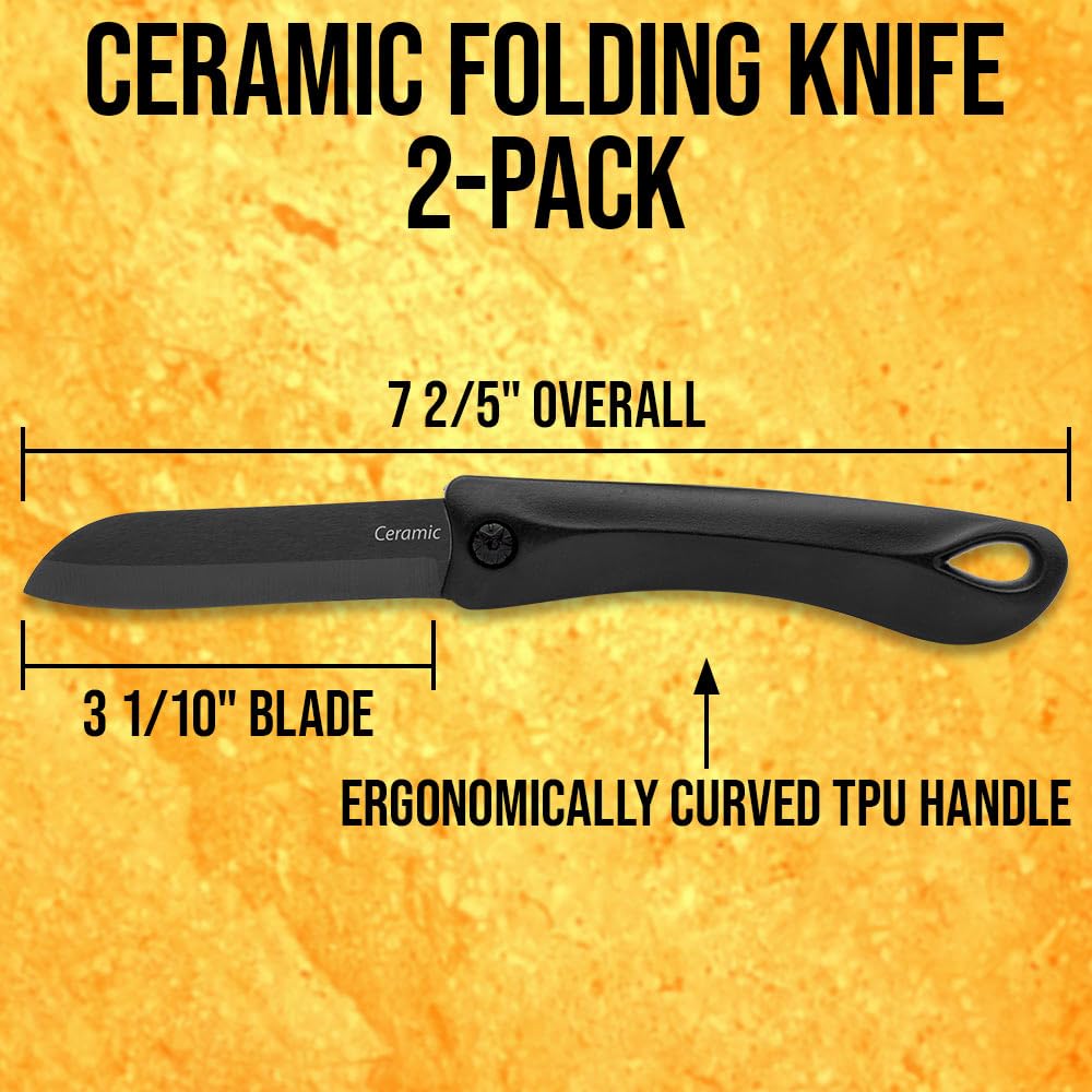 Ceramic Blade Pocket Knife Two-Pack | Non-Reflective Black Finish | TPU Handle | Ringed Pommel | Manual Opening Mechanism | 3 1/10" Blade | 7 2/5" Overall Length