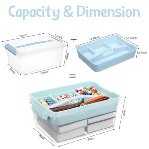 Skybooly 3 Pack Stack and Carry Box Clear Plastic Storage Container Stackable Home Utility Box with Removable Tray Multipurpose Bins with Handle Lid for Stationery Sewing Art Craft Supplies (Blue)