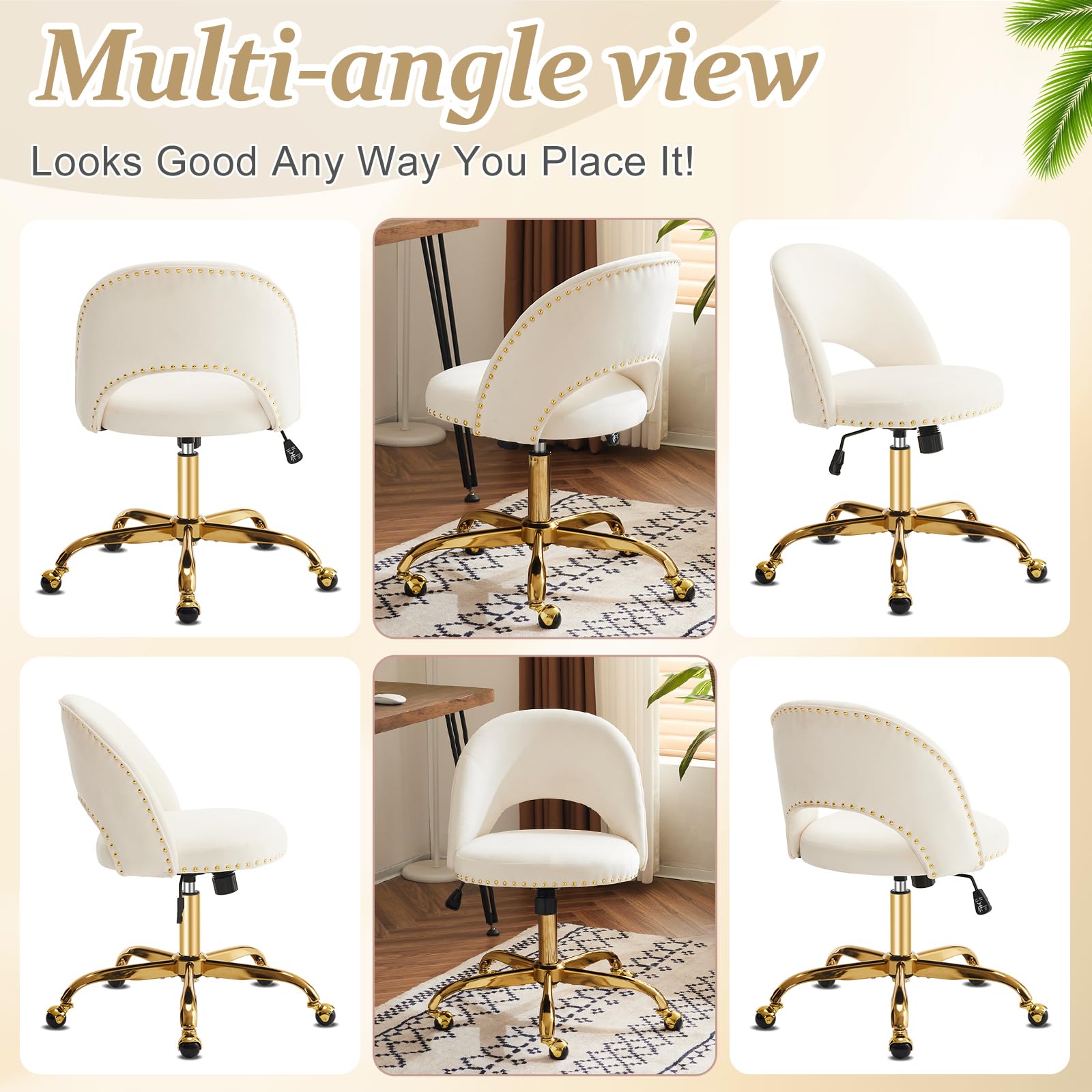 VINGLI Modern Velvet Small Office Chair,Cute Desk Chair with Wheels,Gold Base/Studs, Comfy Armless Swivel Vanity Task Chair for Women/Girl/Kids, Nail Tech Chair for Bedroom,Small Space,White