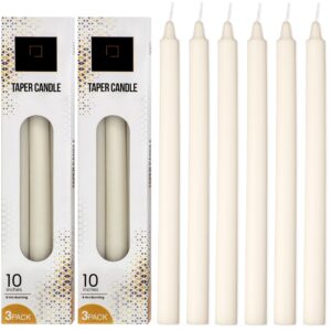 decorrack 6 ivory taper candles, 10 inch, unscented long lasting and smokeless, premium quality dinner candles ideal for weddings, party, and home décor (2 boxes, 3 candles each)…