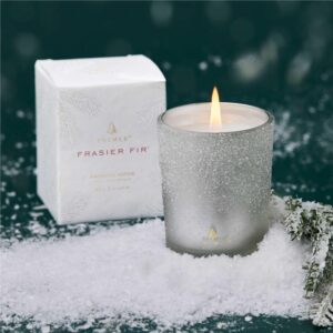 Thymes Frasier Fir Flocked Jar Candles – Scented Candles for Home with Notes of Siberian Fir, Cedarwood & Sandalwood – Holiday Candles for Christmas Decor – White Candles (Votive Candles, 2 oz)