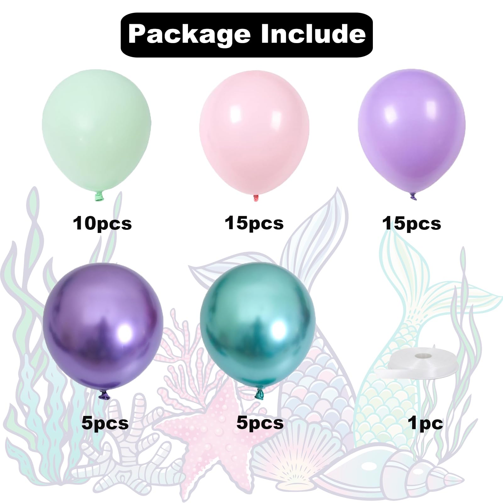 DEETUULET Mermaid Balloons, 50pcs 12 inch Purple Pink Teal Balloons Kit, Metallic Green Purple Latex Balloons for Birthday, Baby Shower,Mermaid Party Decorations