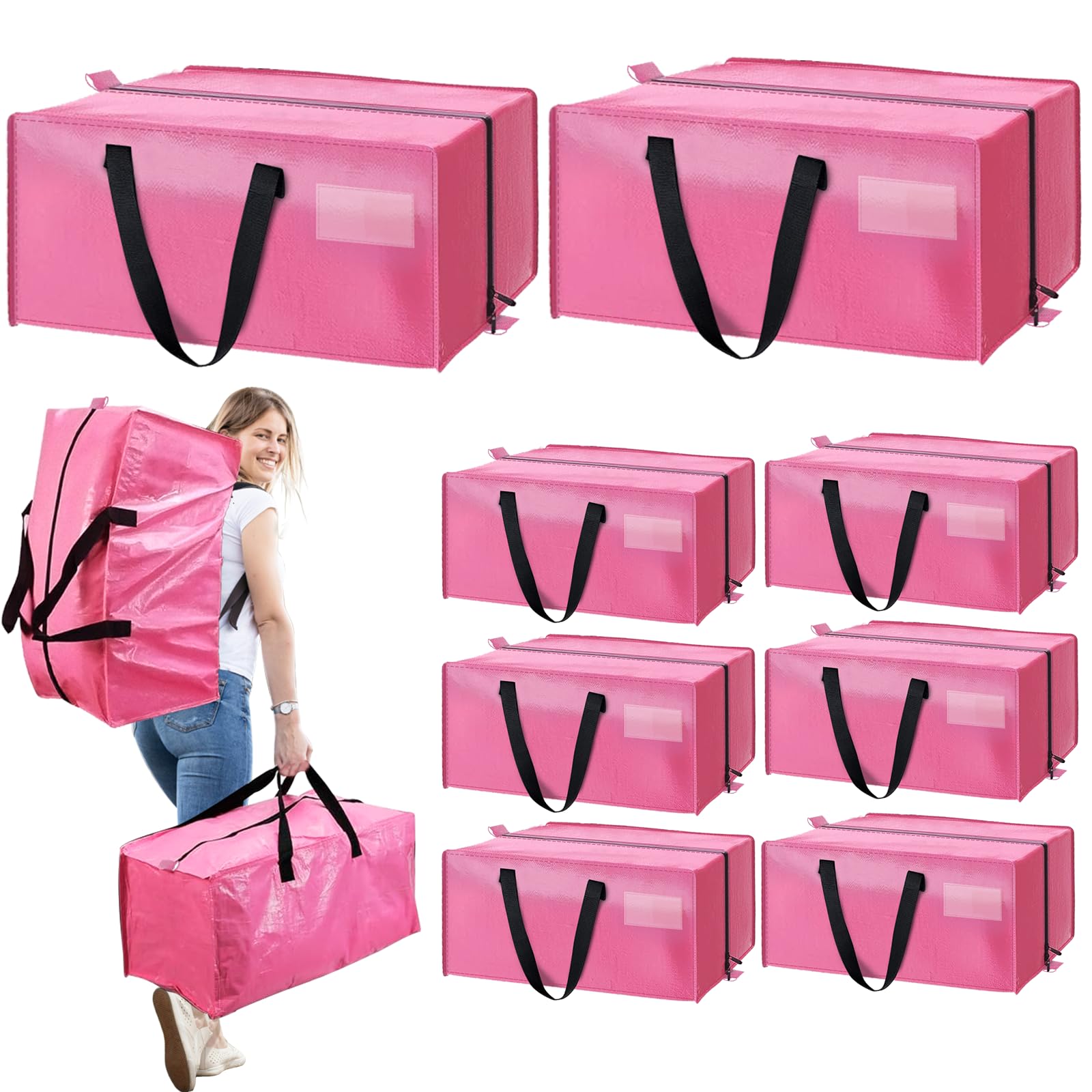 Moving Bags 8PCS Extra Large with Carrying Handles Backpack Straps, Heavy Duty Moving Bags for Space Saving Packing, Storage Totes of College Essentials Moving Supplies (Pink)