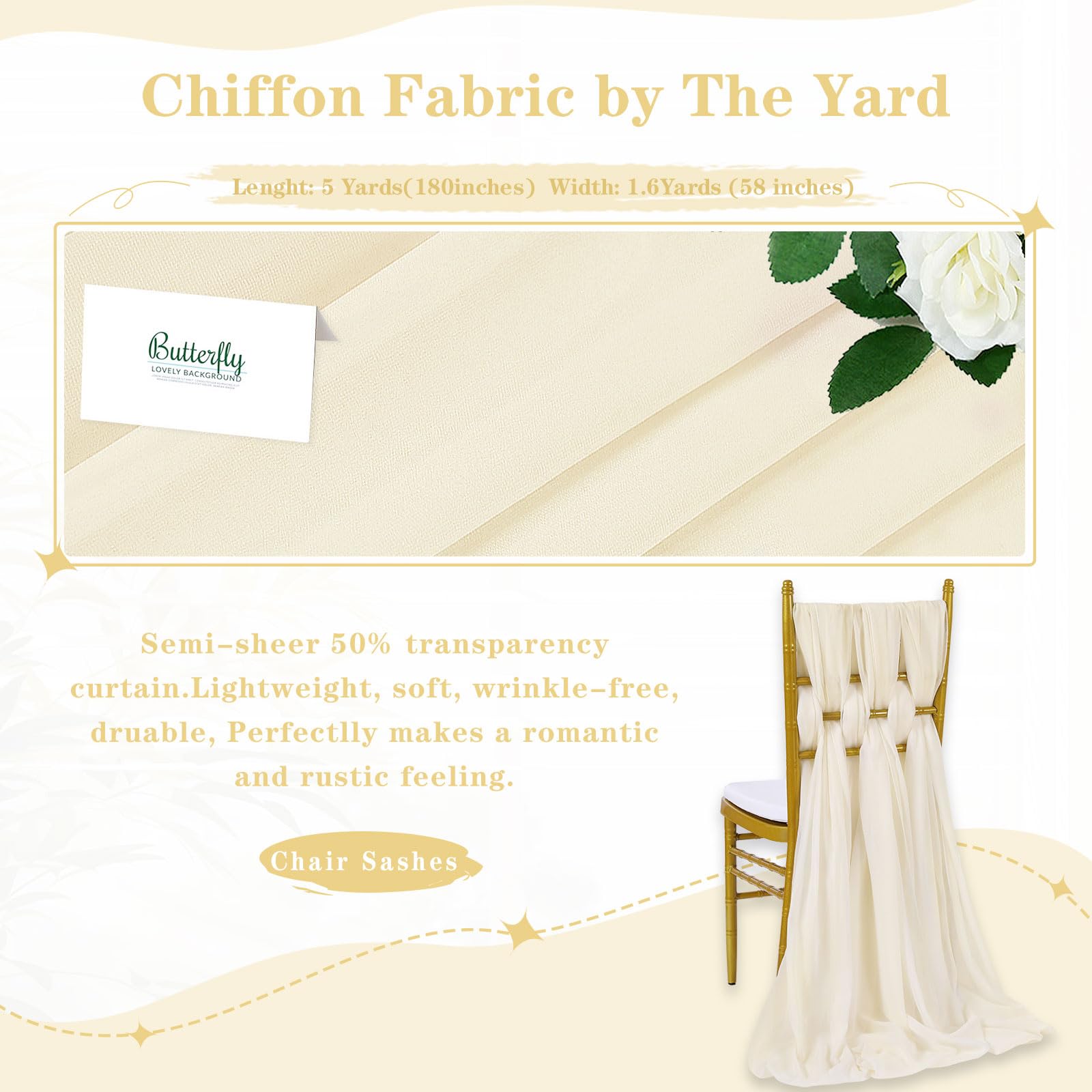 Sheer Fabric by The Yard Cream Chiffon Fabric Roll 5 Yards Solid Color Wedding Arch Draping Fabric for Wedding