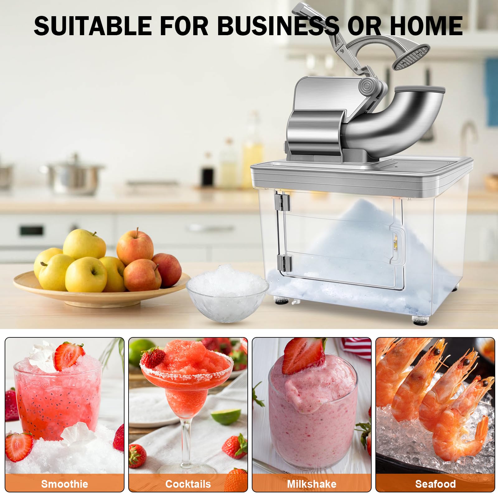 Commercial Ice Crusher 480lbs/hr, 350W Electric Ice Shaver Snow Cone Machine with Dual Blades, 40L Large Storage Bin, Stainless Steel Shaved Ice Machine for Home, Restaurants, Bars, Shops, Party