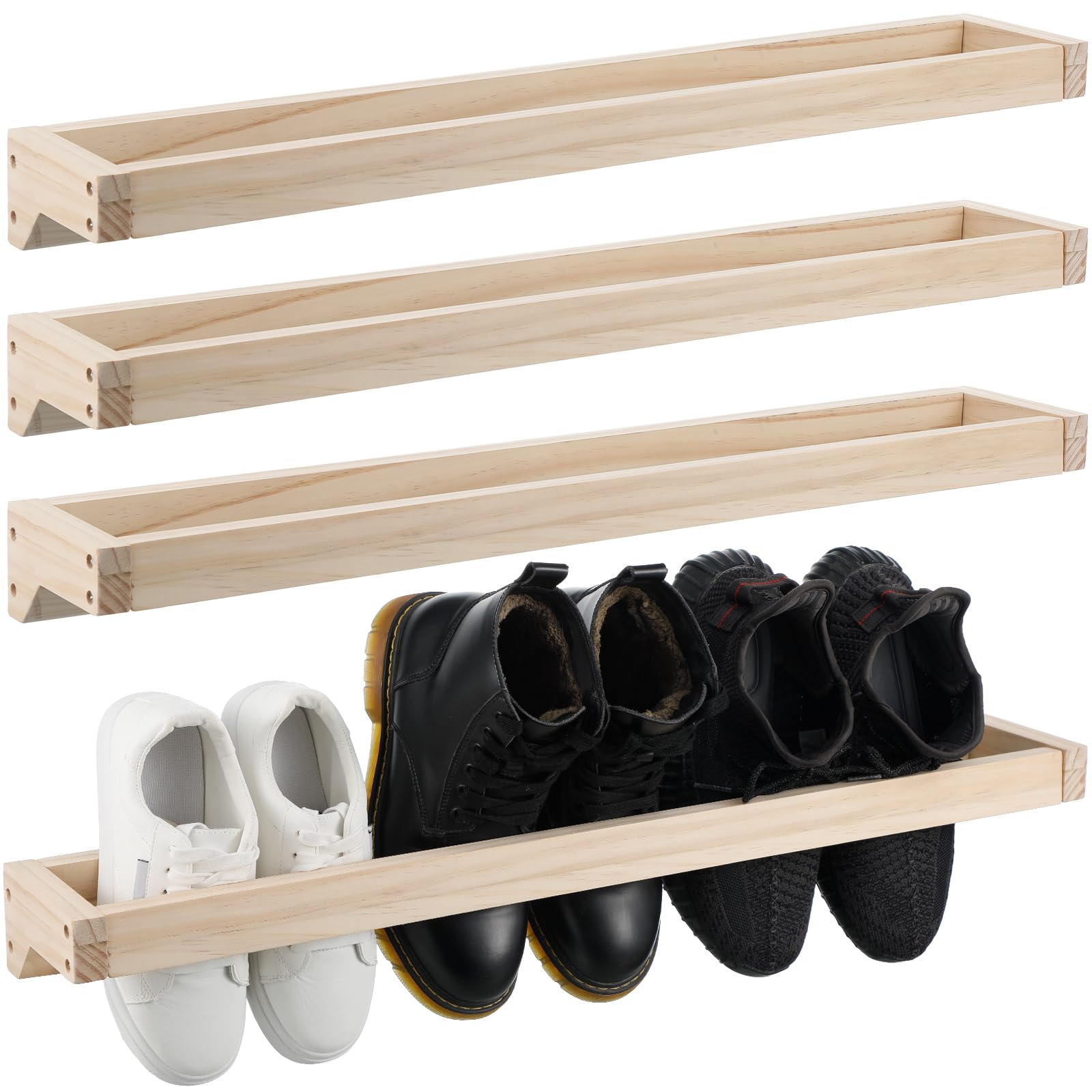 Wenqik 4 Pcs Wall Mounted Shoe Rack 30 Inch Rustic Wood Wall Hanging Shoe Rack Space Saving Footwear Holder Shoe Storage Organizer for Mudroom, Entryway, Closet (Wood Color)