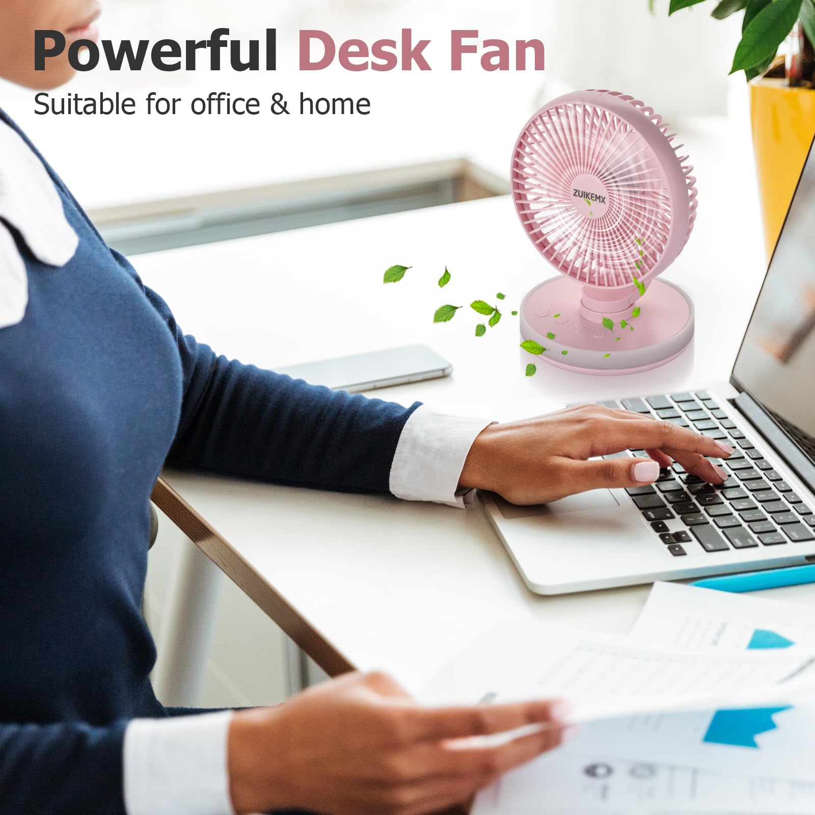 Portable Desk Fan with Circular LED Lights, 4 Speeds, 90° Rotation Adjustable Oscillating Fan, 4000mAh Rechargeable Fan, Battery Powered Quiet Personal Fan for Home Office, Detachable Cleaning (Pink)