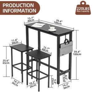 Finnhomy Bar Table Set, 39.3" Pub Table High Top Table, Rectangular Bar Height Table, Bar Table with Stools, Kitchen Table Set for 2, Industrial Breakfast for Kitchen, Living Room, Rustic Black