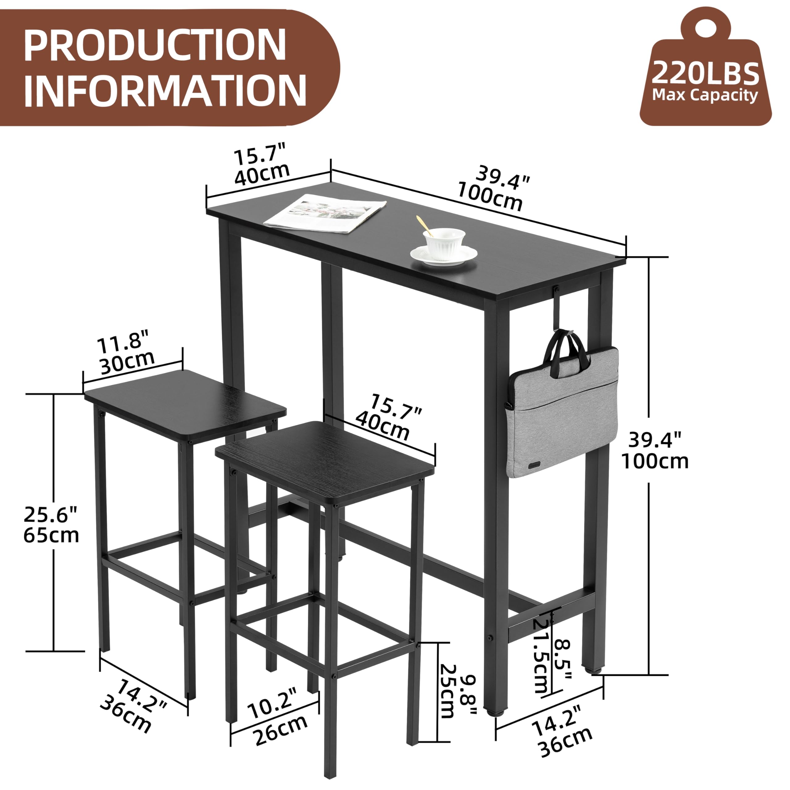 Finnhomy Bar Table Set, 39.3" Pub Table High Top Table, Rectangular Bar Height Table, Bar Table with Stools, Kitchen Table Set for 2, Industrial Breakfast for Kitchen, Living Room, Rustic Black