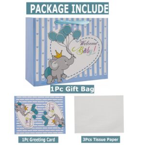 U'COVER 13" Welcome Baby Boy Girl Gift Bags for Baby Shower Medium Size with Ribbon Handles Cute Elephant Balloon Kraft Paper Bag with Tissue Paper Greeting Card 13 X 4.7 X 10 inch