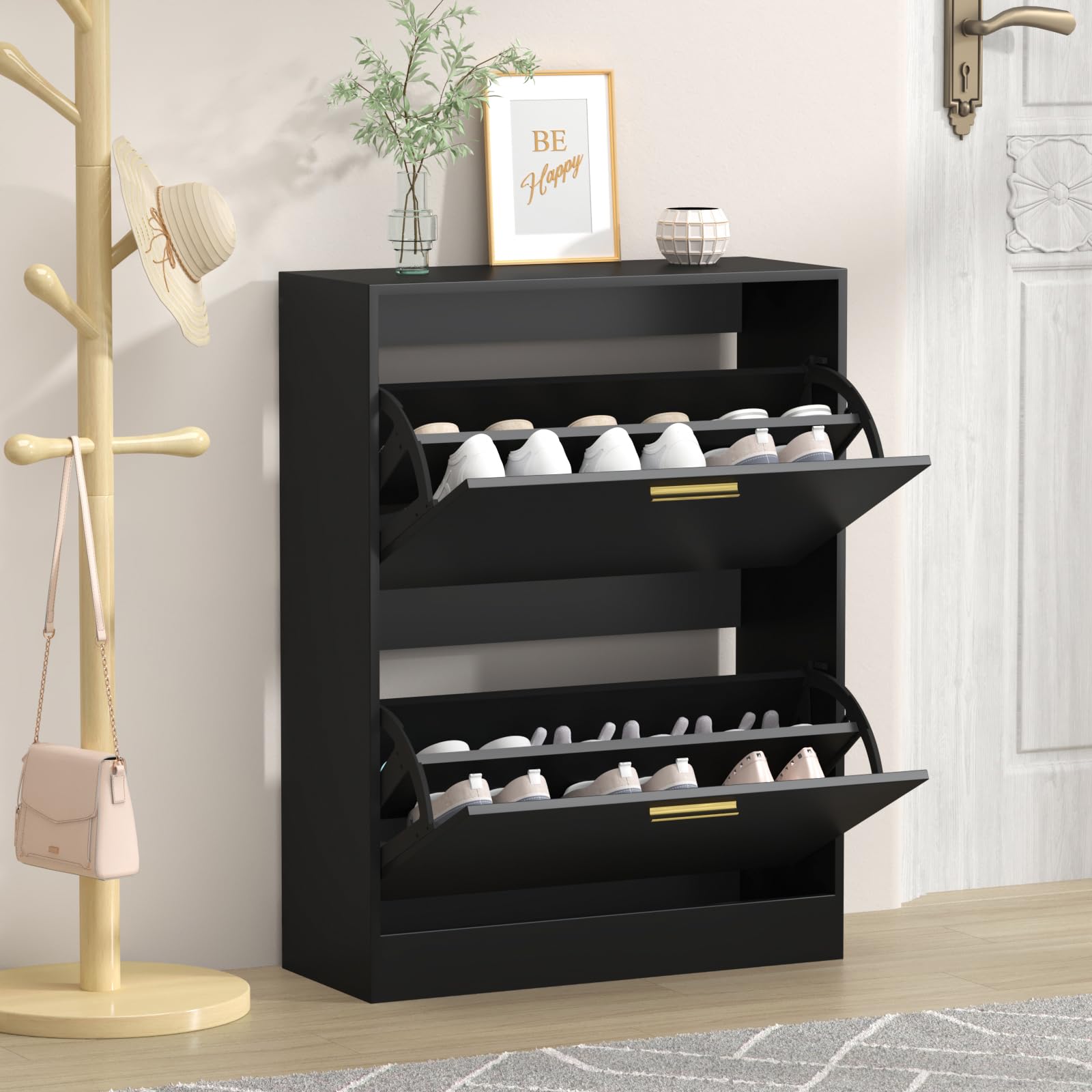 CARPETNAL Shoe Cabinet for Entryway, Black Shoe Storage Cabinet with 2 Flip Drawers, Hidden narrow Shoe Rack Cabinet, Freestanding Shoe Cabinet Organizer for Entryway, Hallway