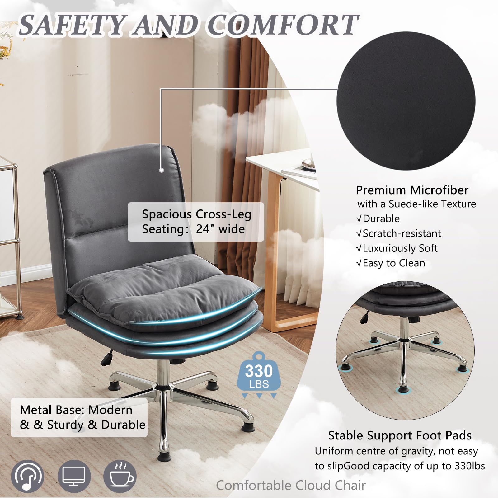 VINGLI Cloud Criss Cross Legged Chair,18" High Back Armless Home Office Desk Chair no Wheel,Wide Adjustable Comfy Padded Seat Task Computer Chair,Modern Swivel Makeup Vanity Chair,Microfiber,Grey