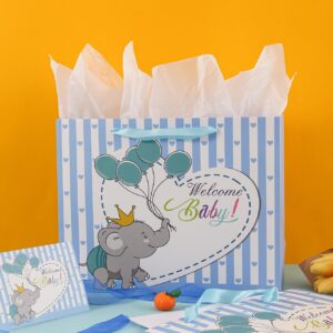 U'COVER 13" Welcome Baby Boy Girl Gift Bags for Baby Shower Medium Size with Ribbon Handles Cute Elephant Balloon Kraft Paper Bag with Tissue Paper Greeting Card 13 X 4.7 X 10 inch