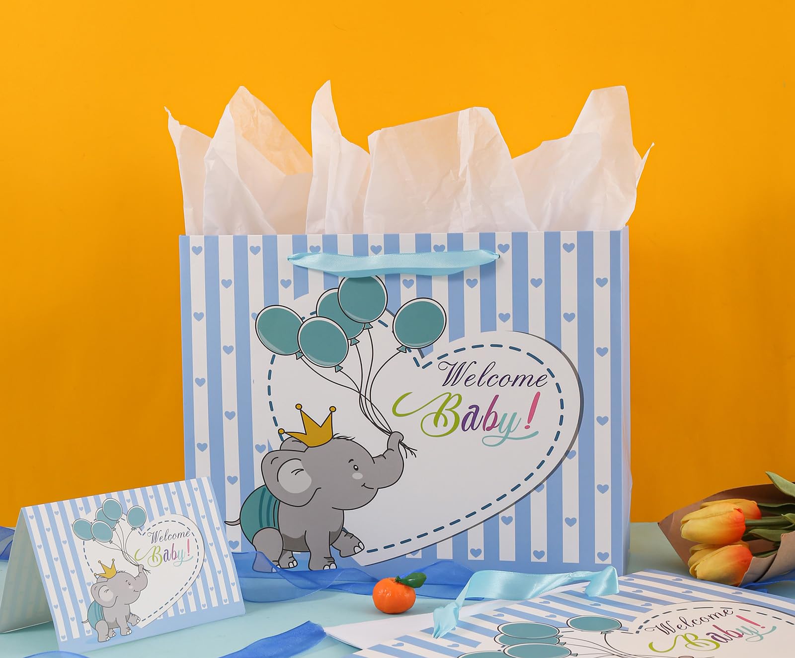 U'COVER 13" Welcome Baby Boy Girl Gift Bags for Baby Shower Medium Size with Ribbon Handles Cute Elephant Balloon Kraft Paper Bag with Tissue Paper Greeting Card 13 X 4.7 X 10 inch