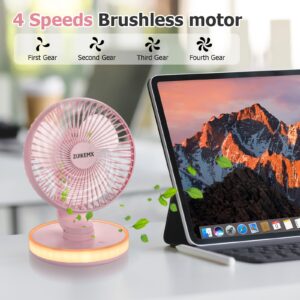 Portable Desk Fan with Circular LED Lights, 4 Speeds, 90° Rotation Adjustable Oscillating Fan, 4000mAh Rechargeable Fan, Battery Powered Quiet Personal Fan for Home Office, Detachable Cleaning (Pink)