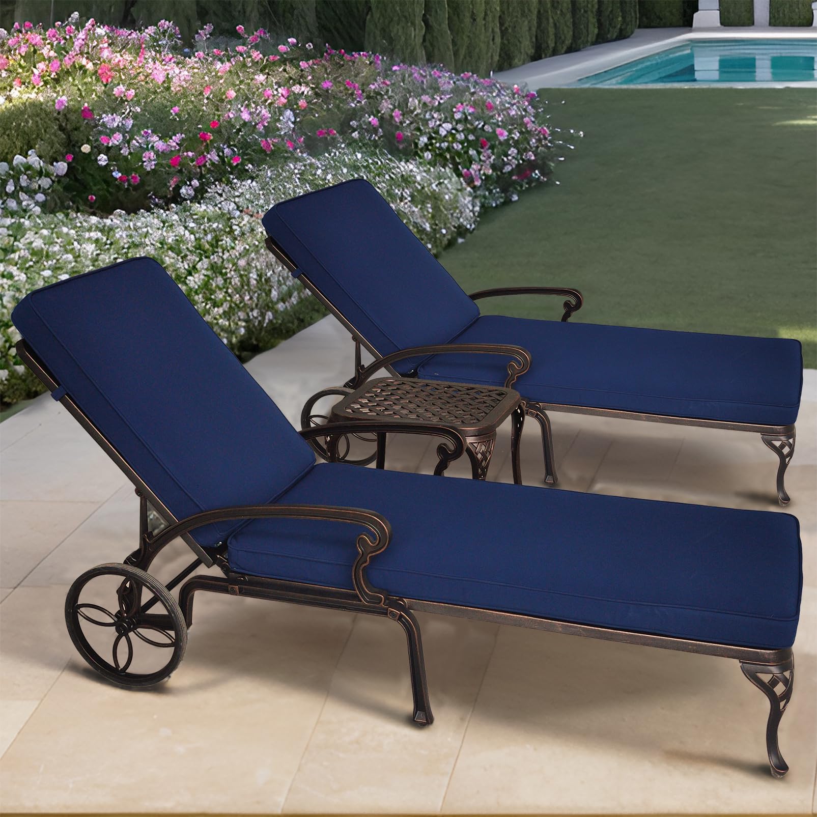 Laxllent Patio Chaise Lounge Chairs Outdoor Pool Lounge Chairs Set of 2 with 1 Outdoor Side Table Cast Aluminum for Backyard, Poolside, Balcony, Garden with Seat Cushion(Navy,3Unit)