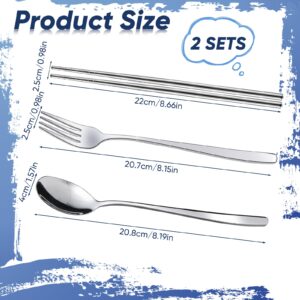 2 Pack Reusable Flatware Sets Fork, Spoon, Chopsticks, 6Pcs Travel Utensils Portable Camp Reusable Flatware Silver Reusable Flatware