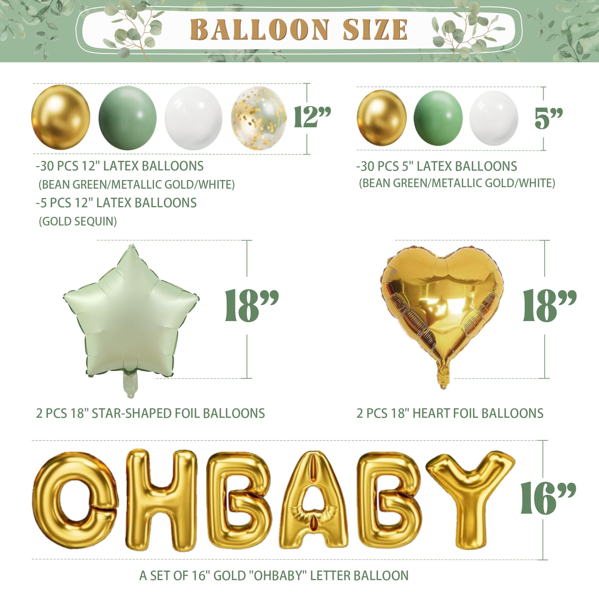 Sage Green Baby Shower Decorations,All In One Set,Neutral Baby Shower Supplies Kit, With 4 Balloon Blocks,12 Tableware Sets, Disposable Plates, "OH BABY" Balloons,Sage Baby Shower Tablecloth, Toppers