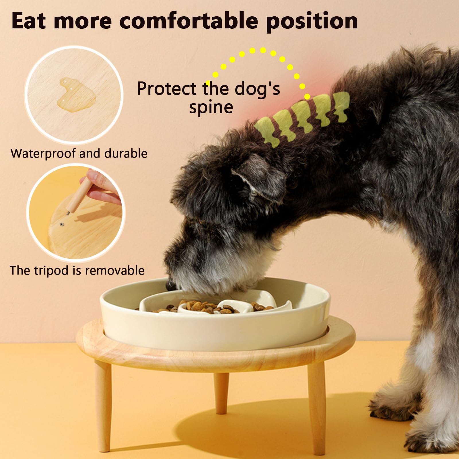 VEEKI Ceramic Slow Feeder Dog Bowls, Elevated Dog Food Bowls with Wood Stand, Dog Dishes to Slow Down Eating for Chokcing Bloating(Beige, 10.2in)