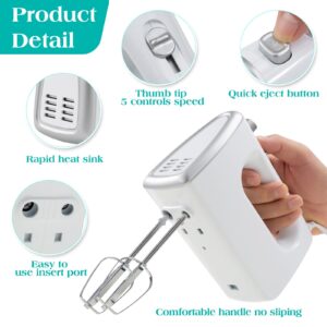 Hand Mixer Electric, 5-Speed Hand Mixer Electric Portable, with Snap-on Storage Case, 5 Stainless Steel Attachments,Dough Hooks Whisk Storage Case,Blender for Baking & Cooking,White