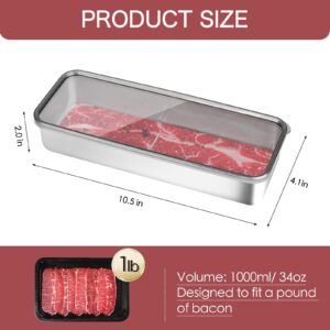 Maxracy Food Storage Container, 304 Stainless Steel Bacon Container for Refrigerator, Deli Meat Keeper Fridge Storage (1PCS Bacon Container- 34 FL OZ)