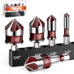 pylevemv 5pcs countersink drill bit set, premium countersink drill bit with 82-degree, 5 flutes, quick-change hex shank, 1/4 inch to 3/4 inch size, countersink drill bits for wood, metal, plastic