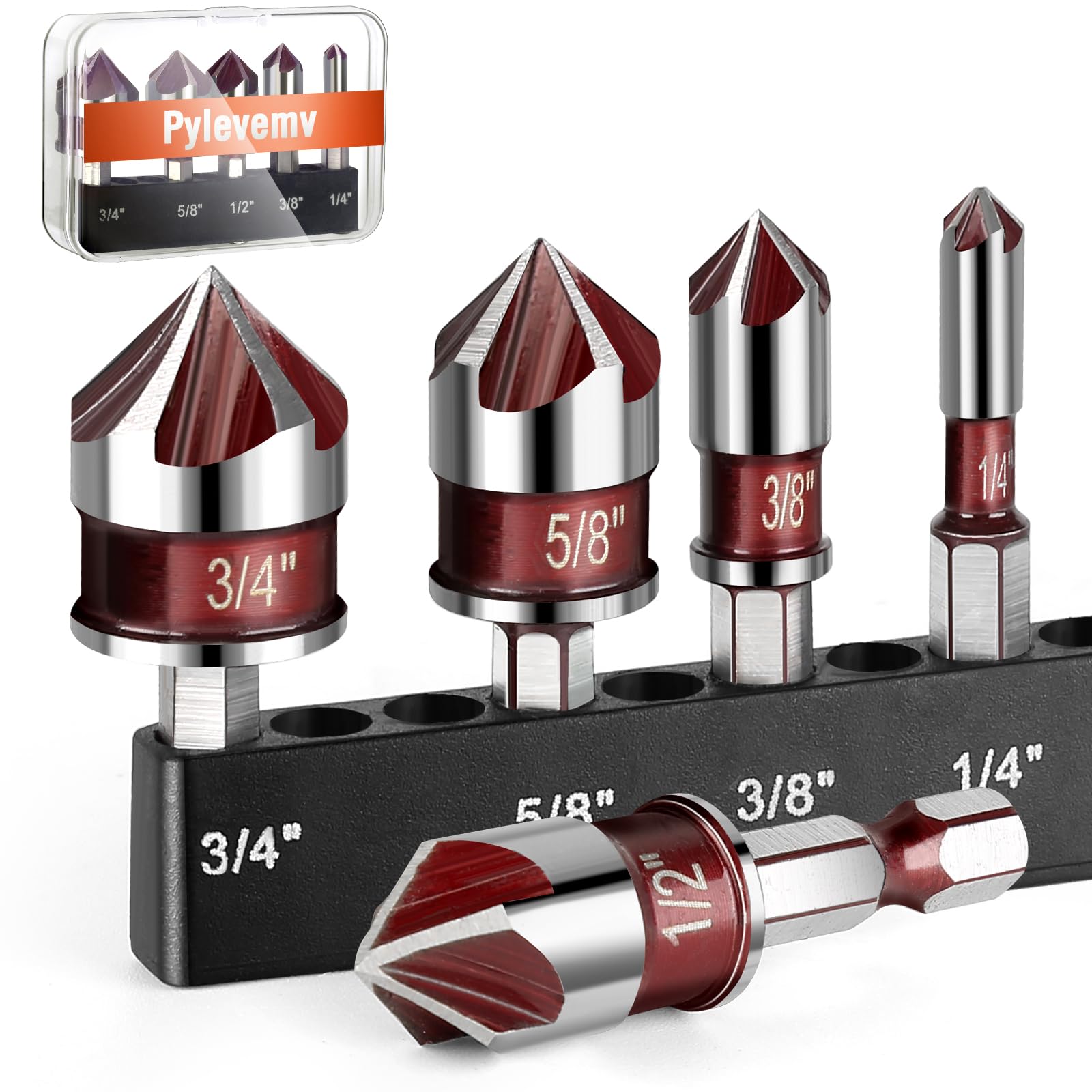 Pylevemv 5Pcs Countersink Drill Bit Set, Premium Countersink Drill Bit with 82-Degree, 5 Flutes, Quick-Change Hex Shank, 1/4 Inch to 3/4 Inch Size, Countersink Drill Bits for Wood, Metal, Plastic