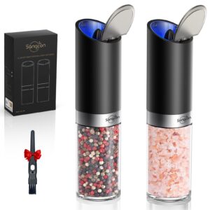 sangcon gravity electric salt and pepper grinder set, battery salt and pepper mill set with dust cover, 8 oz large capacity automatic pepper shaker with light，adjustable coarseness, 2 pack (black)