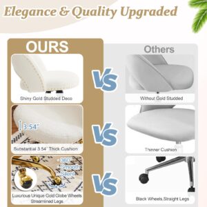 VINGLI Modern Velvet Small Office Chair,Cute Desk Chair with Wheels,Gold Base/Studs, Comfy Armless Swivel Vanity Task Chair for Women/Girl/Kids, Nail Tech Chair for Bedroom,Small Space,White