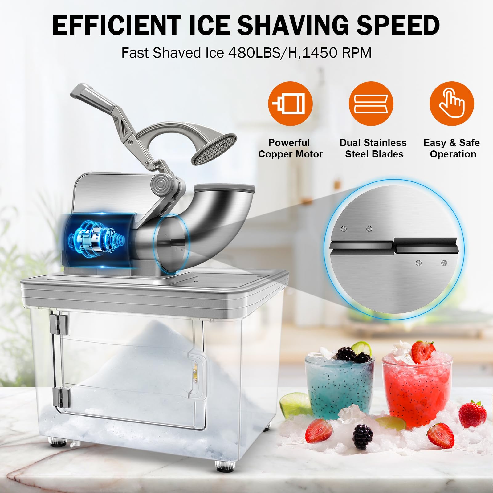 Commercial Ice Crusher 480lbs/hr, 350W Electric Ice Shaver Snow Cone Machine with Dual Blades, 40L Large Storage Bin, Stainless Steel Shaved Ice Machine for Home, Restaurants, Bars, Shops, Party