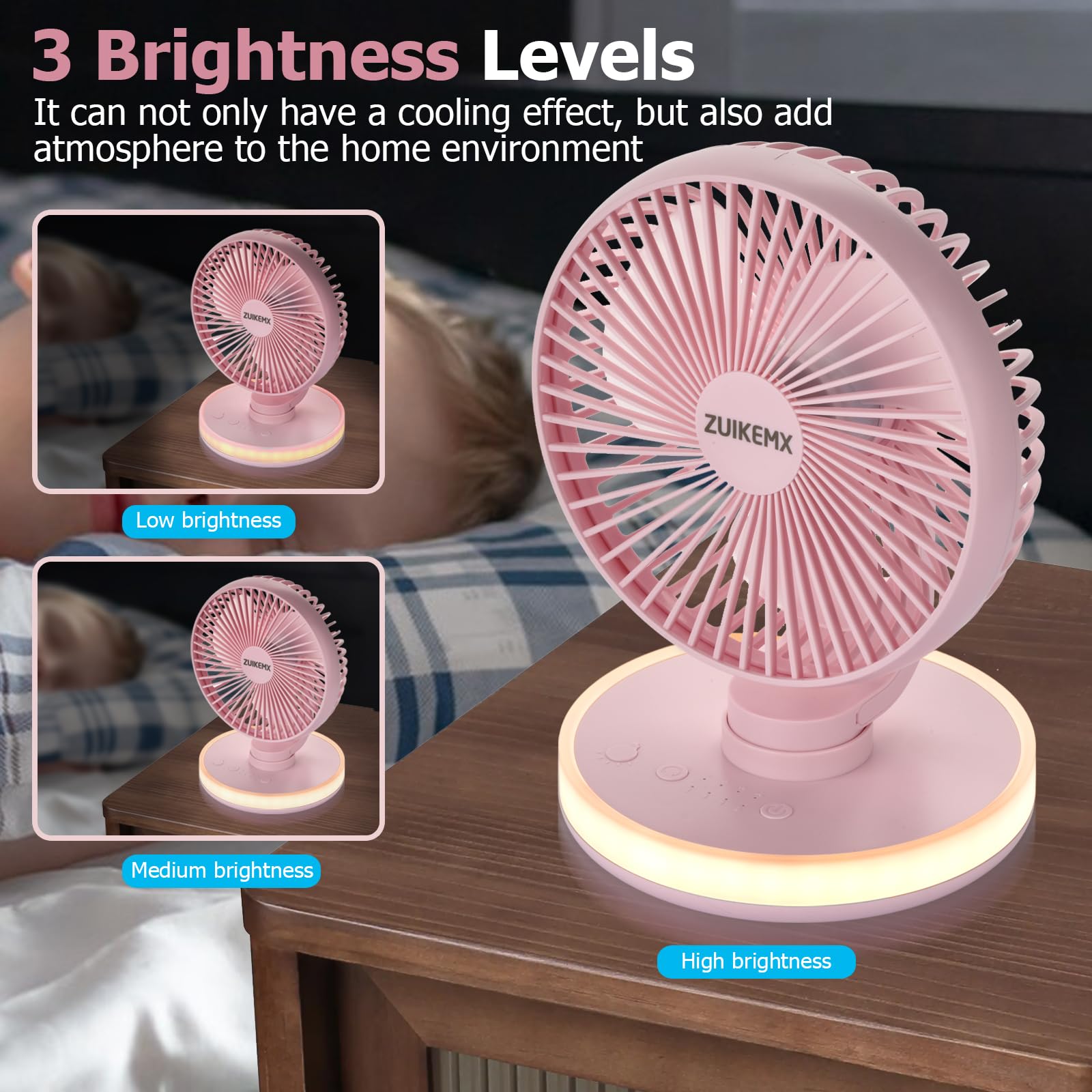 Portable Desk Fan with Circular LED Lights, 4 Speeds, 90° Rotation Adjustable Oscillating Fan, 4000mAh Rechargeable Fan, Battery Powered Quiet Personal Fan for Home Office, Detachable Cleaning (Pink)