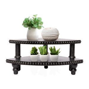 Defined Deco 2 Tier Corner Pedestal Stand Rustic Decor Riser for Display - Farmhouse Wood Beaded Tray Kitchen Bathroom Countertop Organizer for Coffee Bar, Plant Stand, Black Stackable Corner Shelf