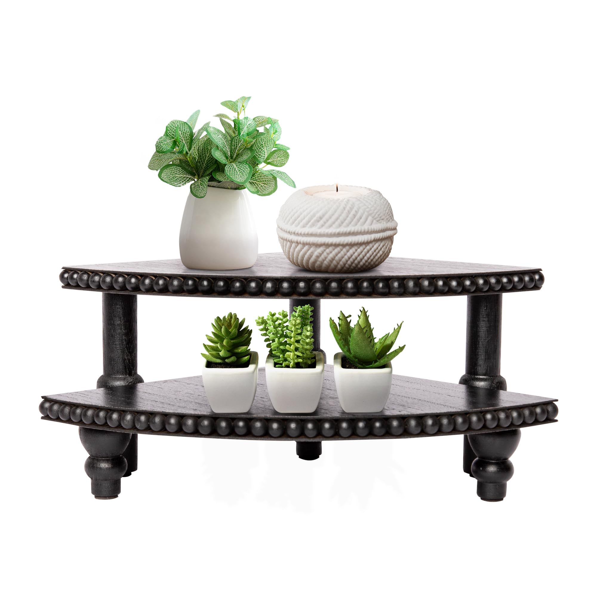 Defined Deco 2 Tier Corner Pedestal Stand Rustic Decor Riser for Display - Farmhouse Wood Beaded Tray Kitchen Bathroom Countertop Organizer for Coffee Bar, Plant Stand, Black Stackable Corner Shelf