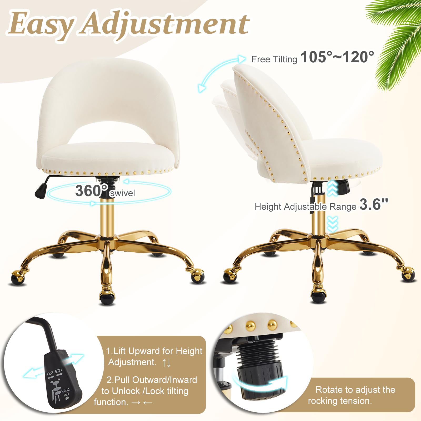 VINGLI Modern Velvet Small Office Chair,Cute Desk Chair with Wheels,Gold Base/Studs, Comfy Armless Swivel Vanity Task Chair for Women/Girl/Kids, Nail Tech Chair for Bedroom,Small Space,White