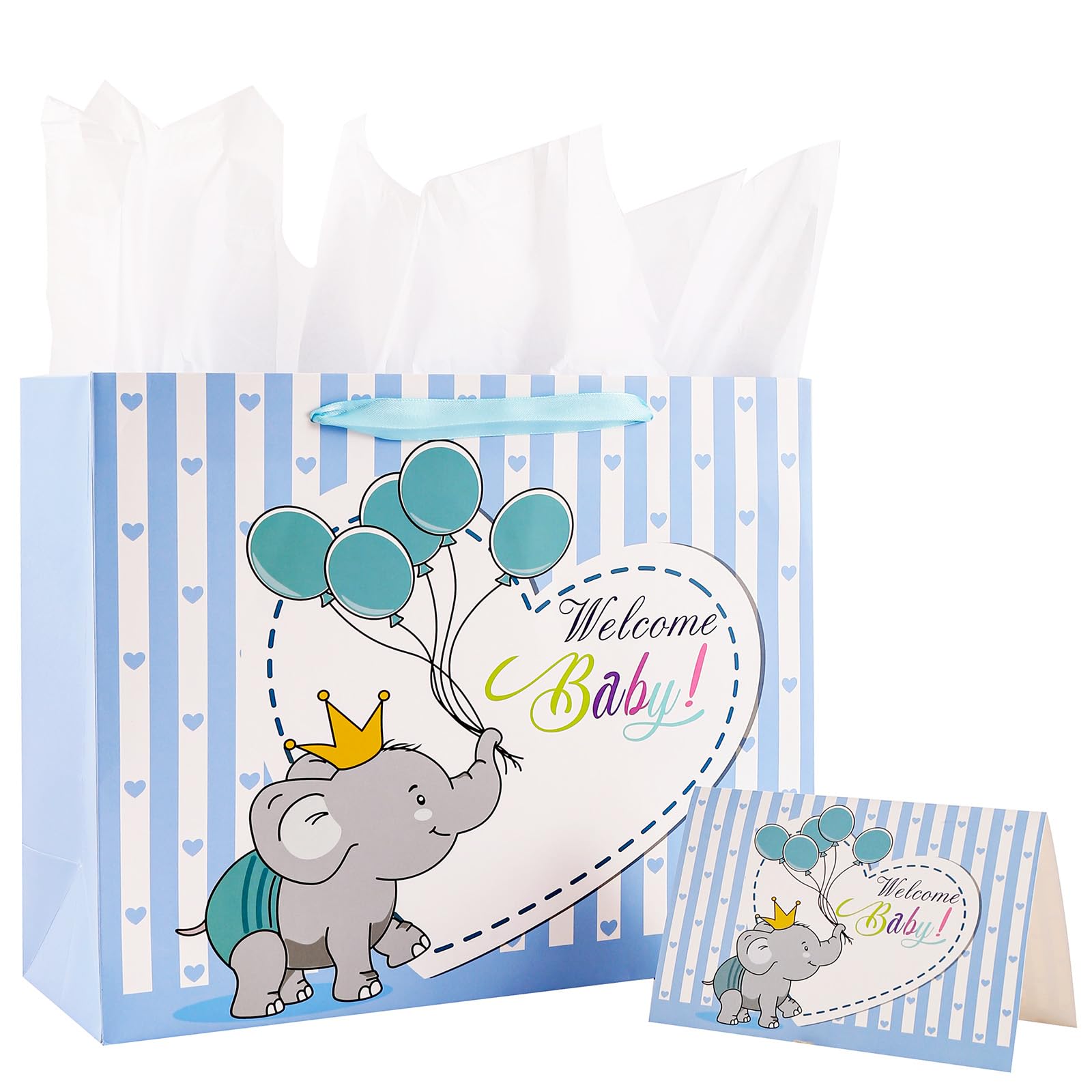 U'COVER 13" Welcome Baby Boy Girl Gift Bags for Baby Shower Medium Size with Ribbon Handles Cute Elephant Balloon Kraft Paper Bag with Tissue Paper Greeting Card 13 X 4.7 X 10 inch