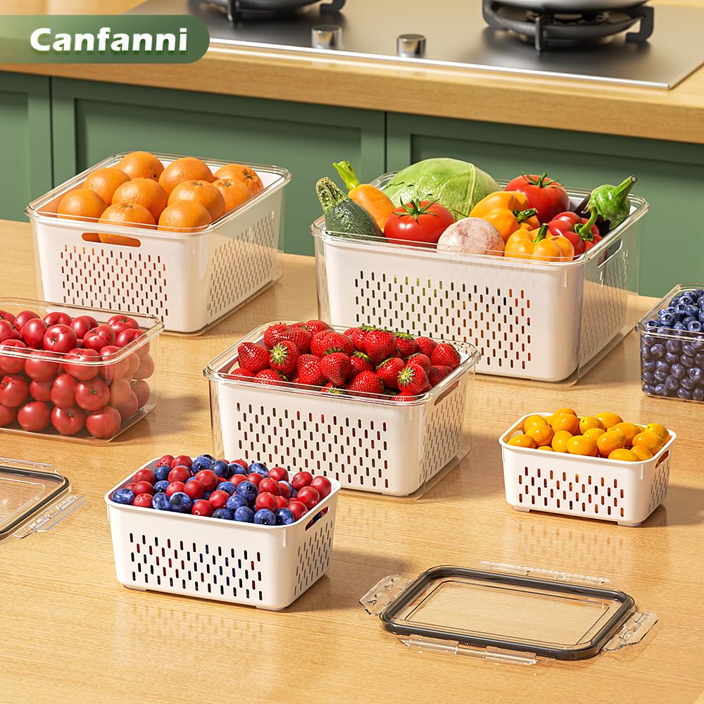 5 PCS Large Fruit Storage Containers for Fridge, Airtight Food Storage Containers with Removable Colander, Dishwasher & Microwave Safe, Berries Containers Keep Vegetables, Fruits Fresh Longer