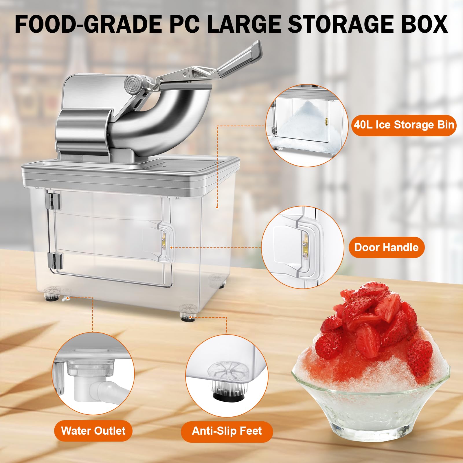 Commercial Ice Crusher 480lbs/hr, 350W Electric Ice Shaver Snow Cone Machine with Dual Blades, 40L Large Storage Bin, Stainless Steel Shaved Ice Machine for Home, Restaurants, Bars, Shops, Party